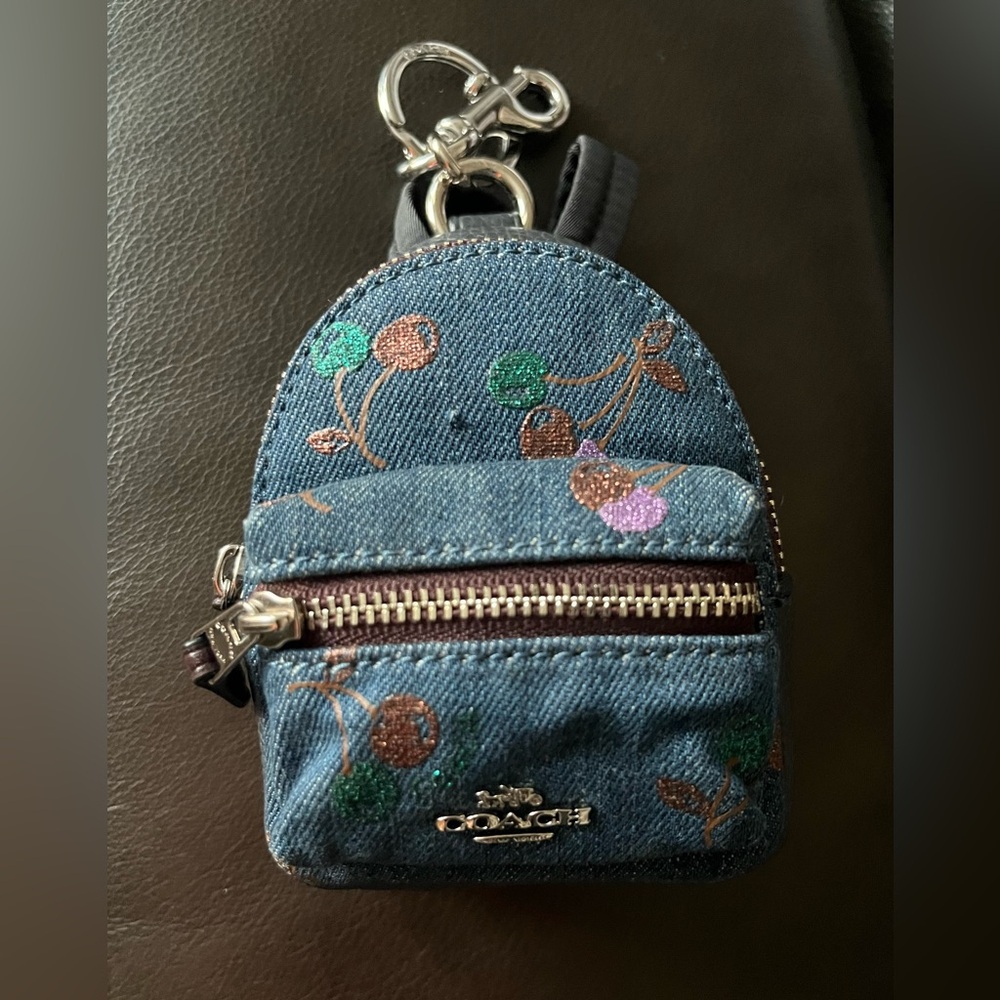 Coach Blue Denim Mini Backpack Keychain Purse Charm in Cherry Print